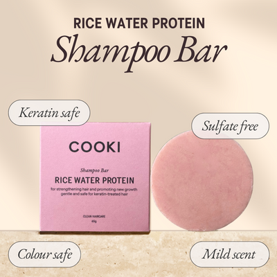 Cooki rice water protein shampoo bar packaging and bar on a beige background

